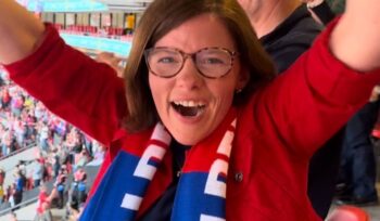 Alex Baker MP at Wembley cheering Aldershot Town FC