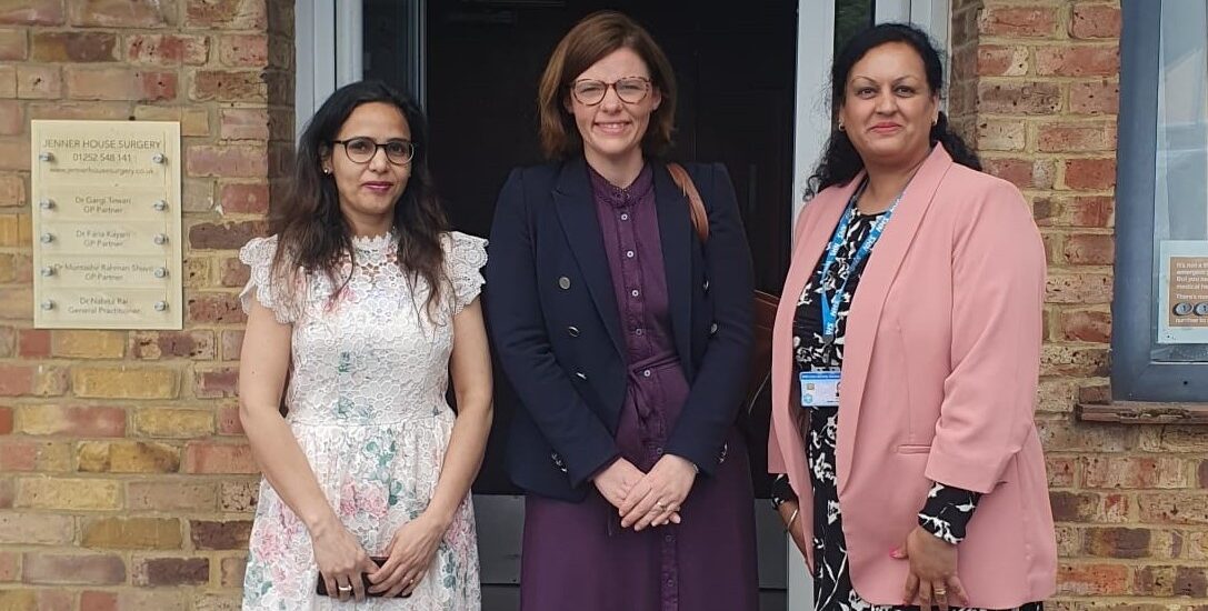 Alex Baker MP with Rajni Pathak, Operations Manger and Baljite Libra-Dhillon, Practice Business Manager at Jenner House Surgery