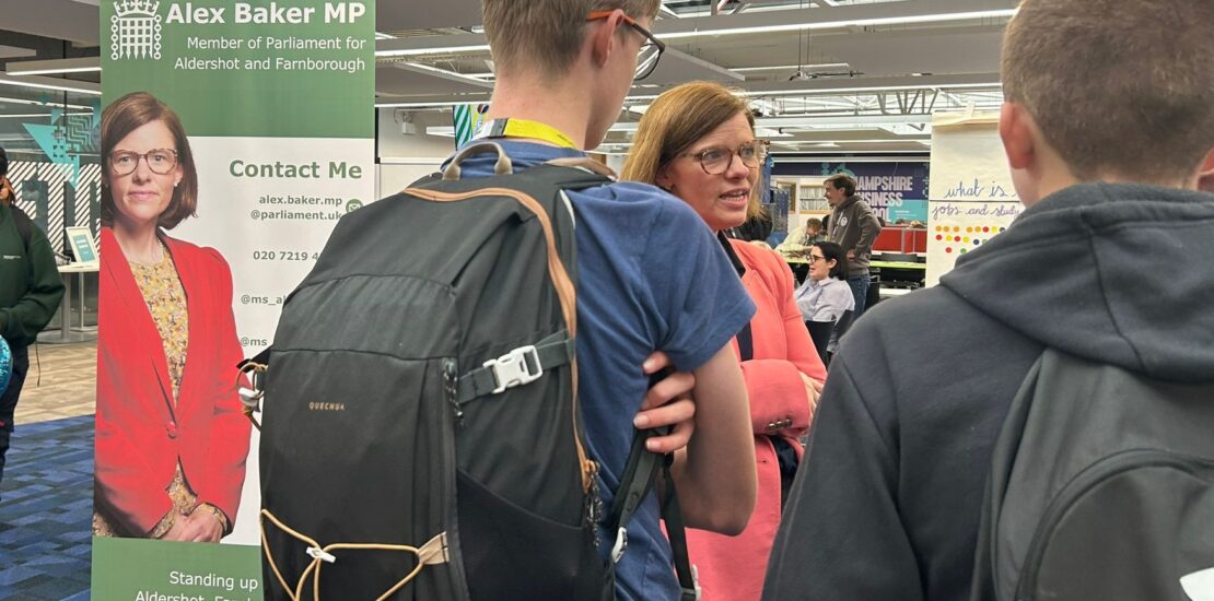 Alex Baker MP talking to students at the Freshers Fair