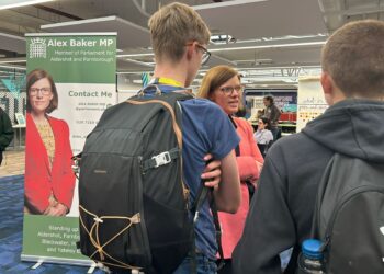 Alex Baker MP talking to students at the Freshers Fair