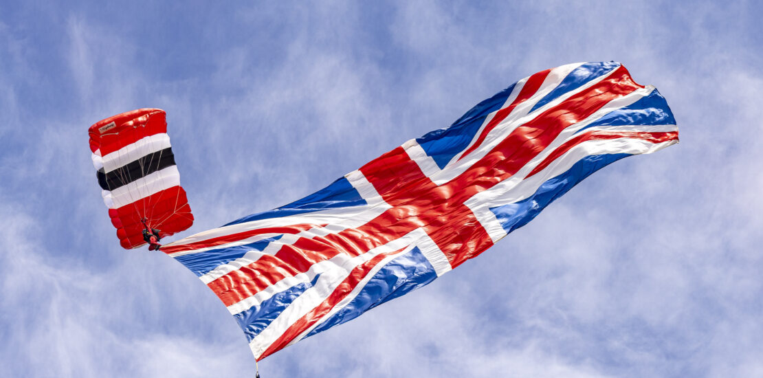 British Army Red Devils parachute display team performing at the Armed Forces Day National event in Aldershot